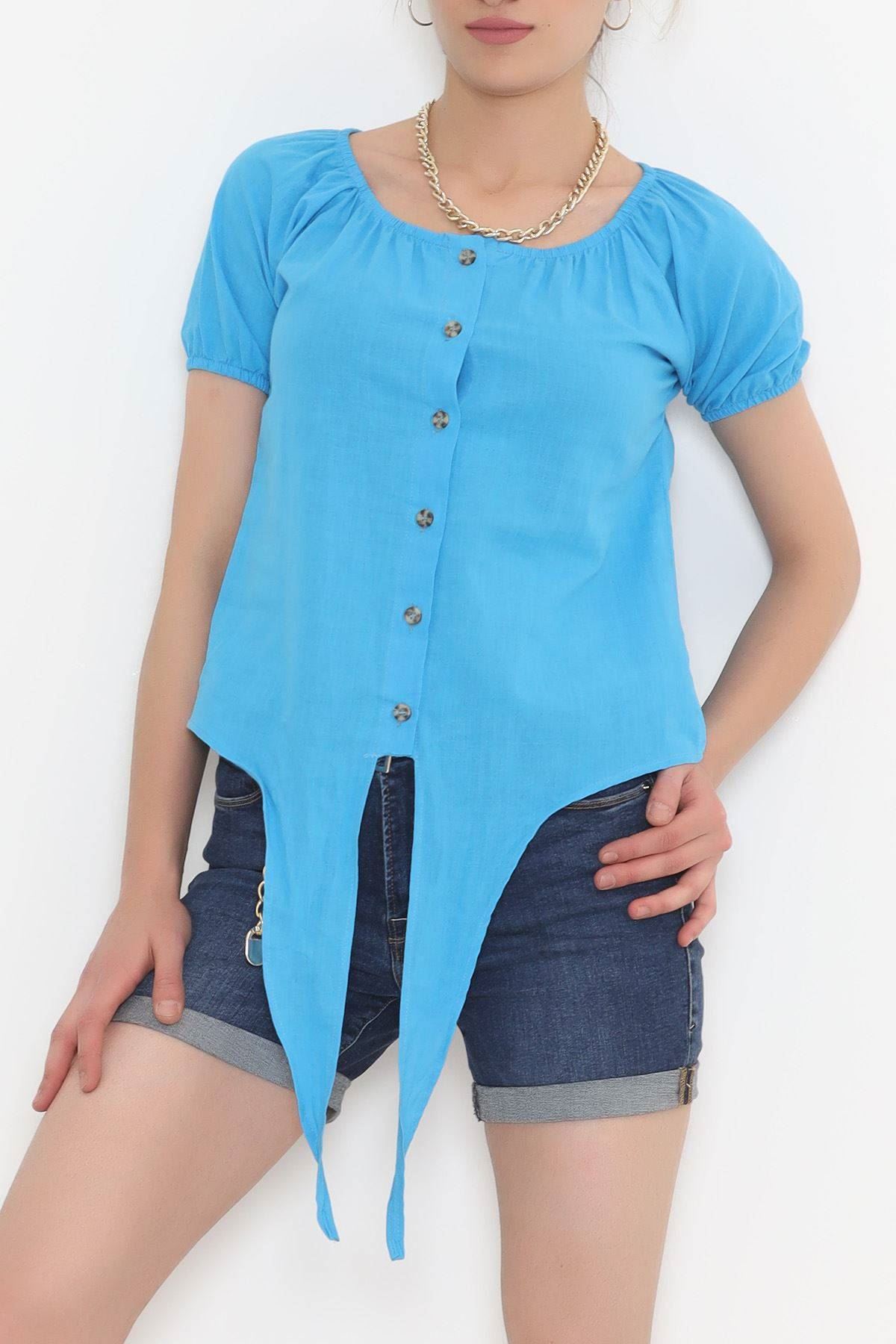 Bağcıklı Düğmeli Bluz Mavi - 3042.1555.