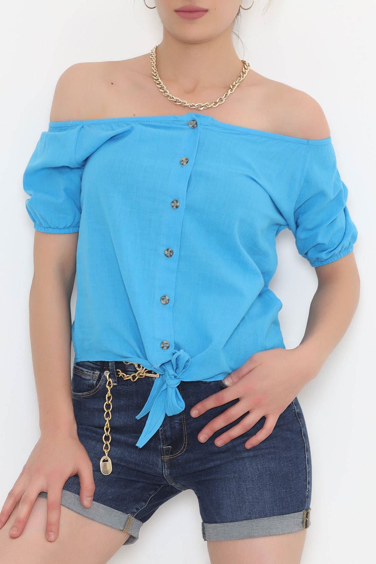 Bağcıklı Düğmeli Bluz Mavi - 3042.1555.