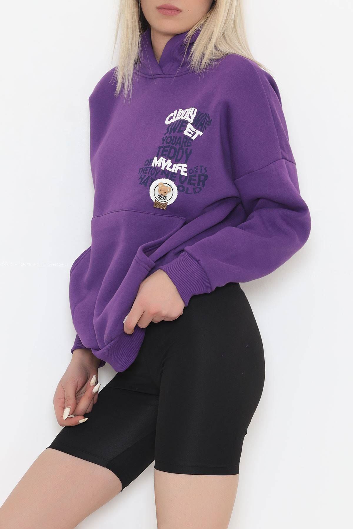 Baskılı Kapşonlu Sweat Mor - 451.1145.