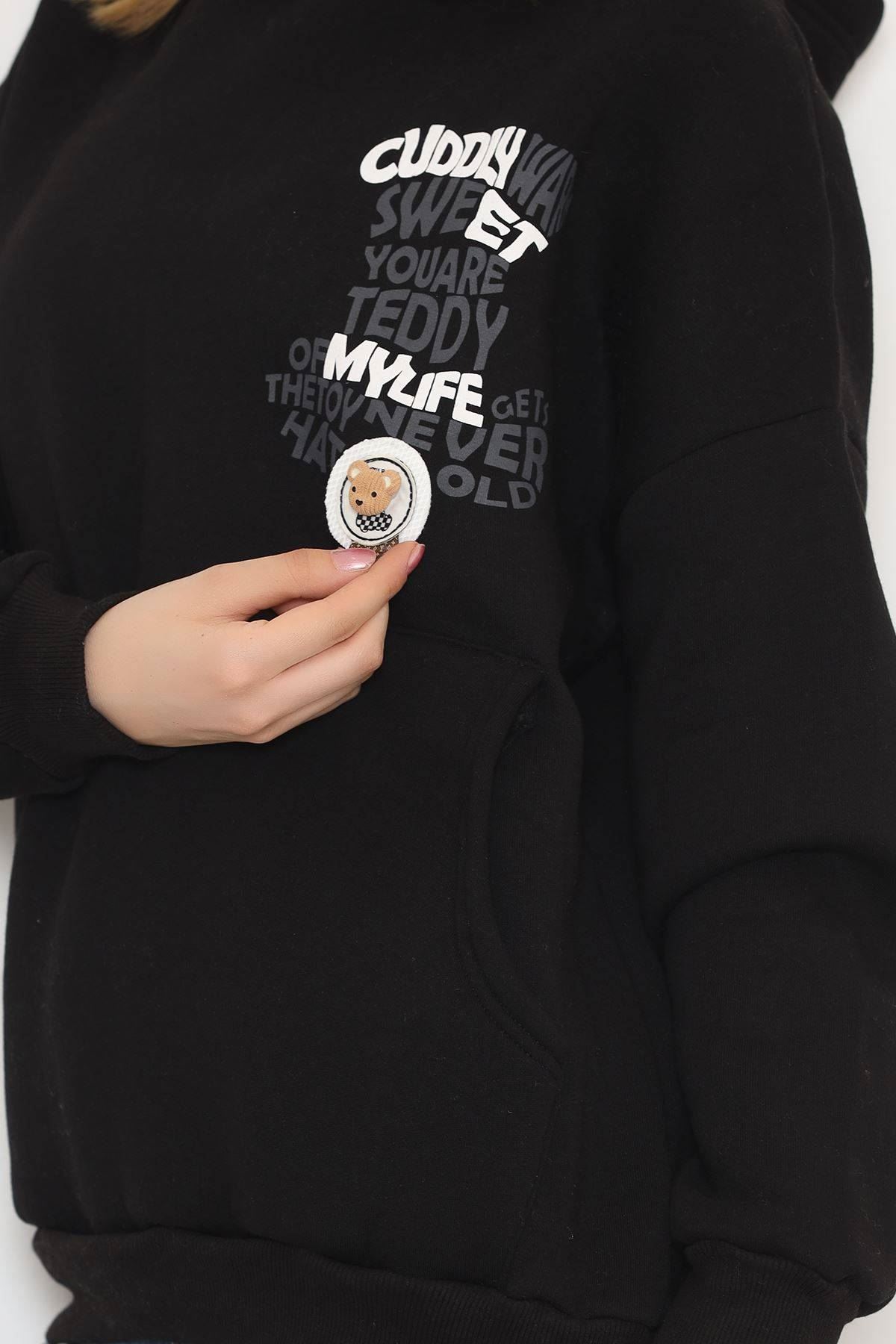 Baskılı Kapşonlu Sweat Siyah - 451.1145.