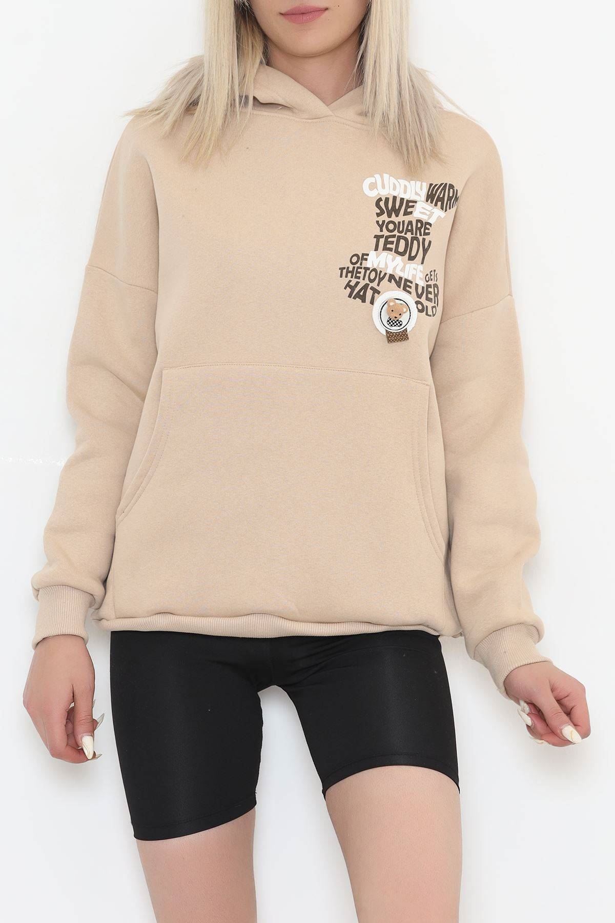 Baskılı Kapşonlu Sweat Bej - 451.1145.