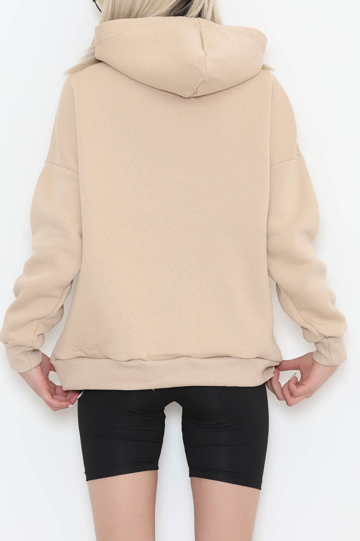 Baskılı Kapşonlu Sweat Bej - 451.1145.