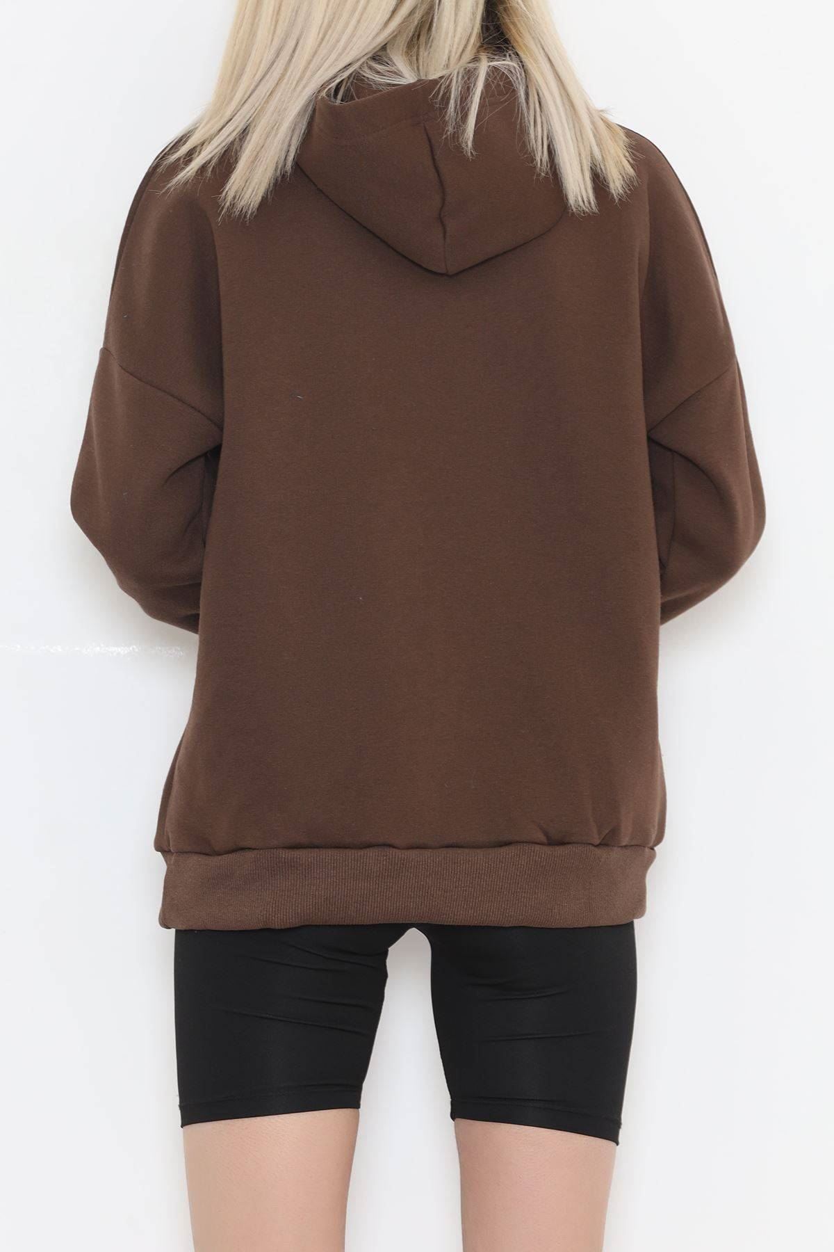 Baskılı Kapşonlu Sweat Kahve - 451.1145.