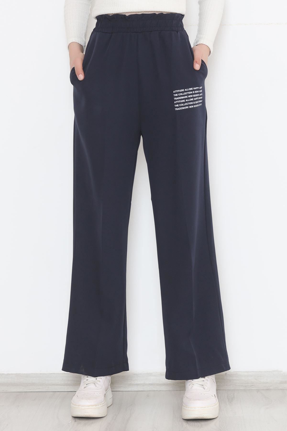 Beli Lastikli Baskılı Pantolon Lacivert - 20820.683.