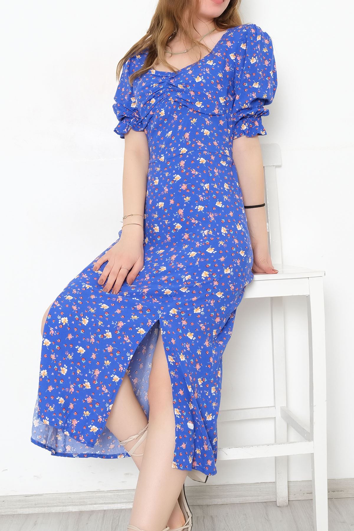 Büzgülü Elbise Saks - 5252.1234.