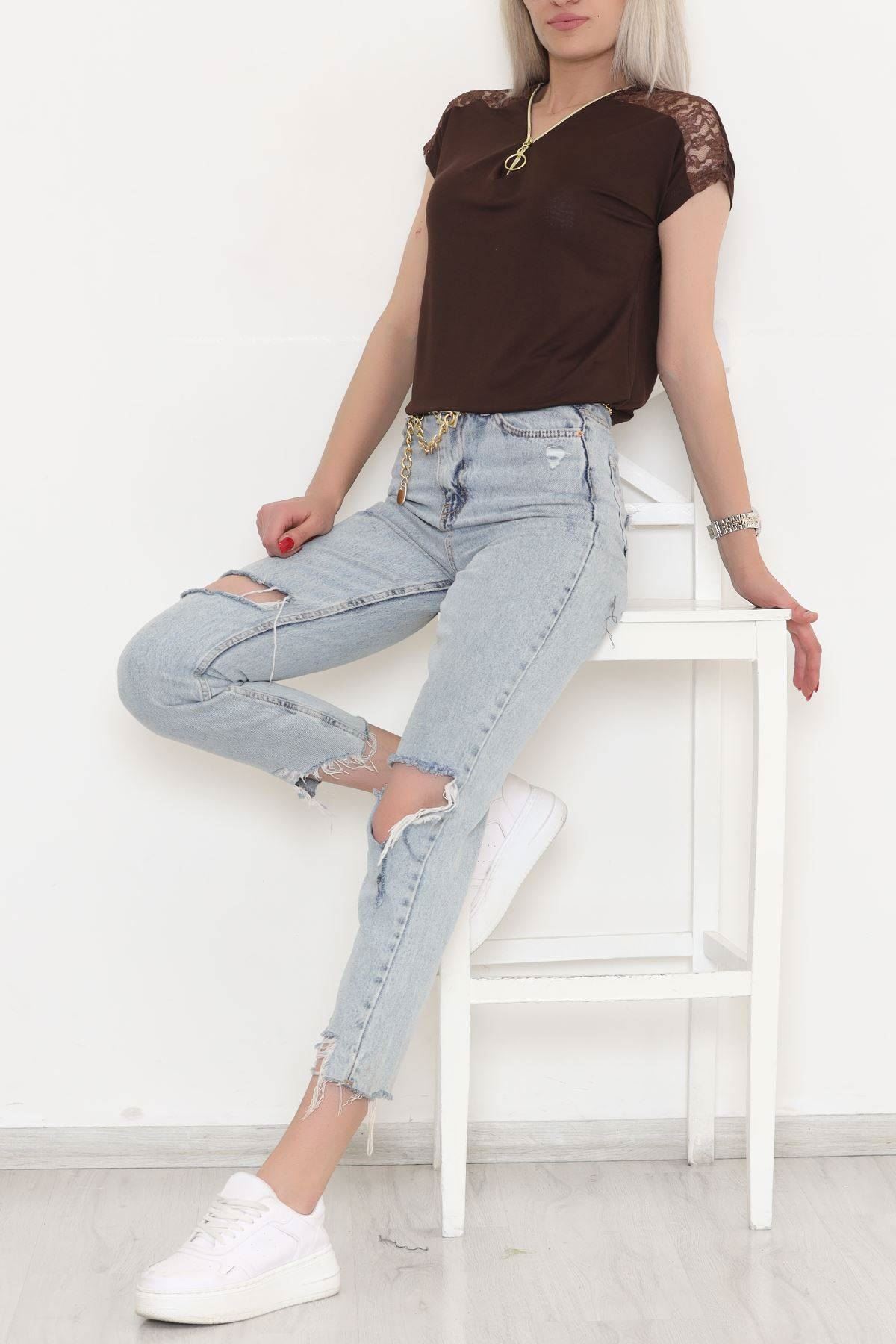 Omzu Dantelli Fermuarlı Bluz Kahve - 11367.599.