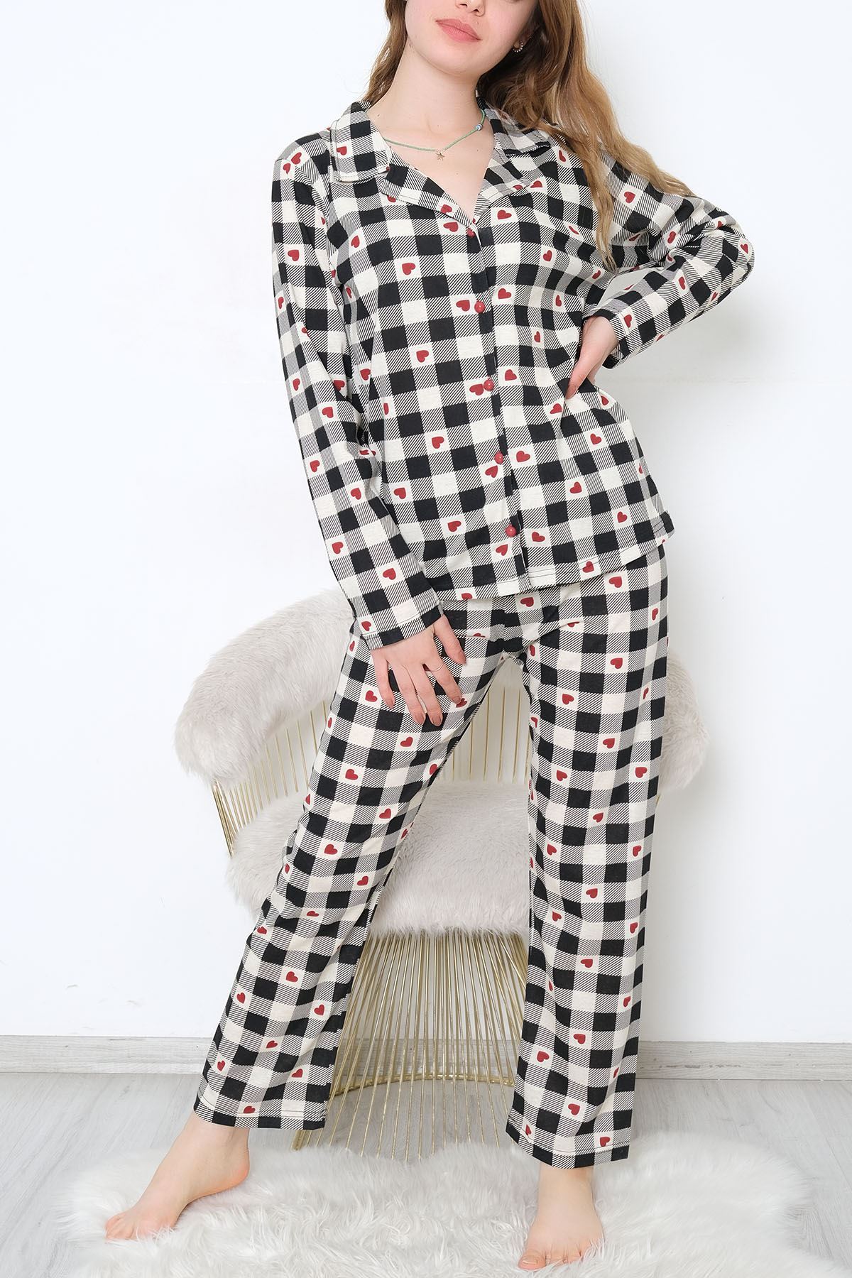 Önü Düğmeli Pijama Takımı Siyahbej - 150.1287.