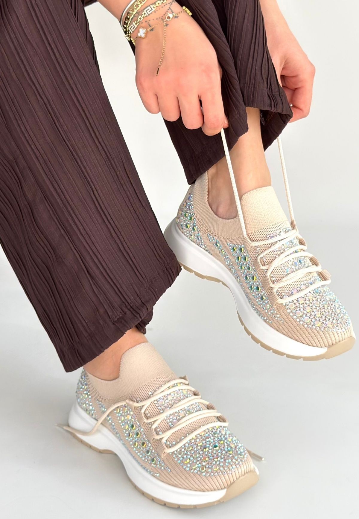 Ceas Bej Triko Bağcıklı Spor Ayakkabı