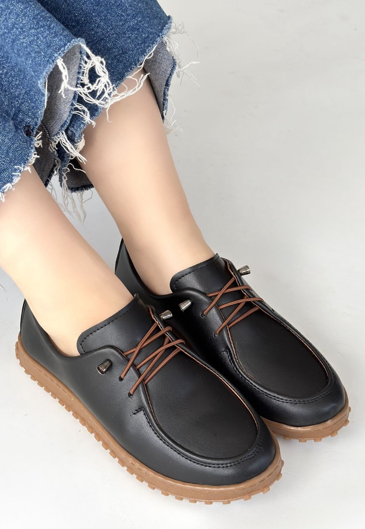 Guot Siyah Cilt Bağcıklı Babet Ayakkabı