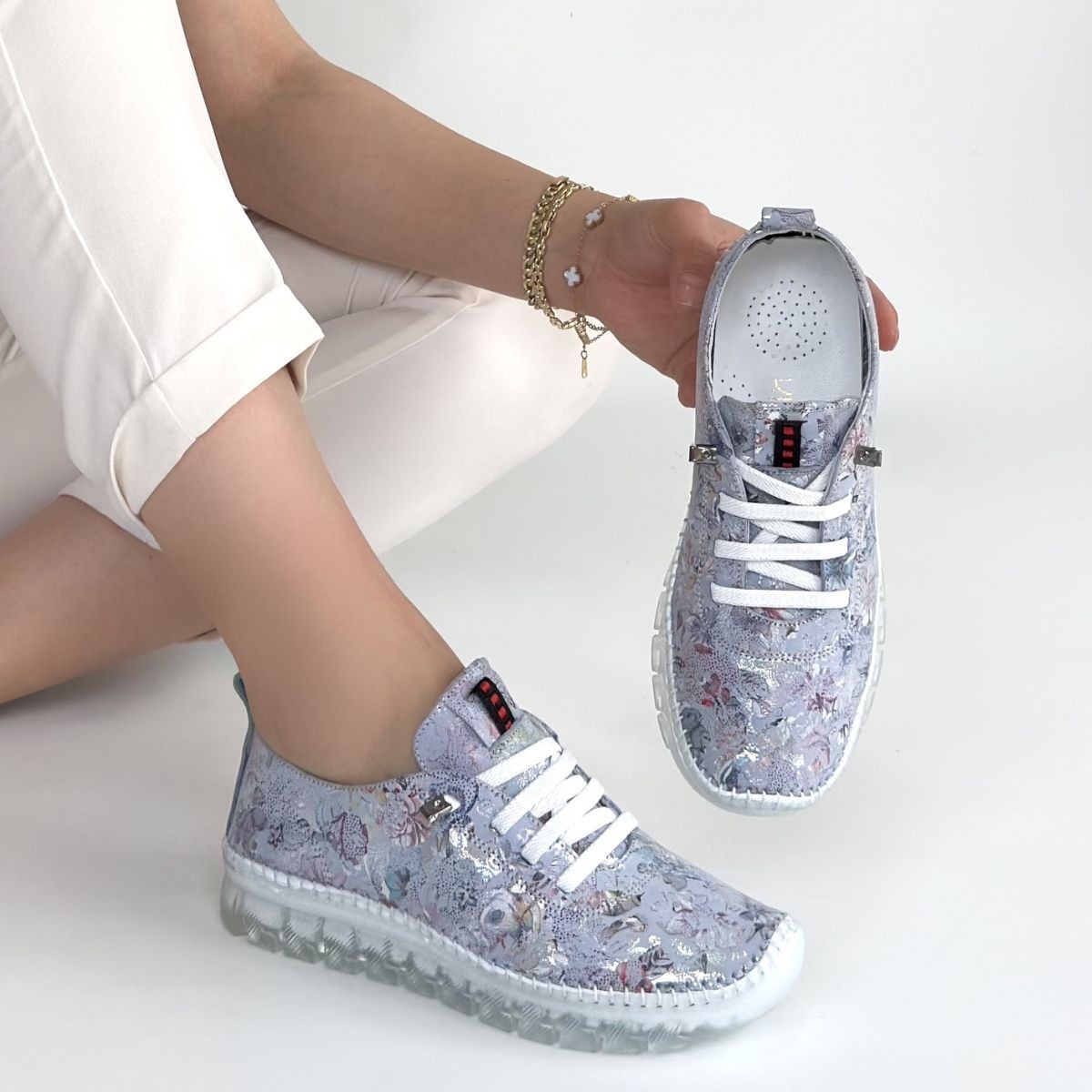 Jiten Lila Desenli Deri Bağcıklı Spor Ayakkabı