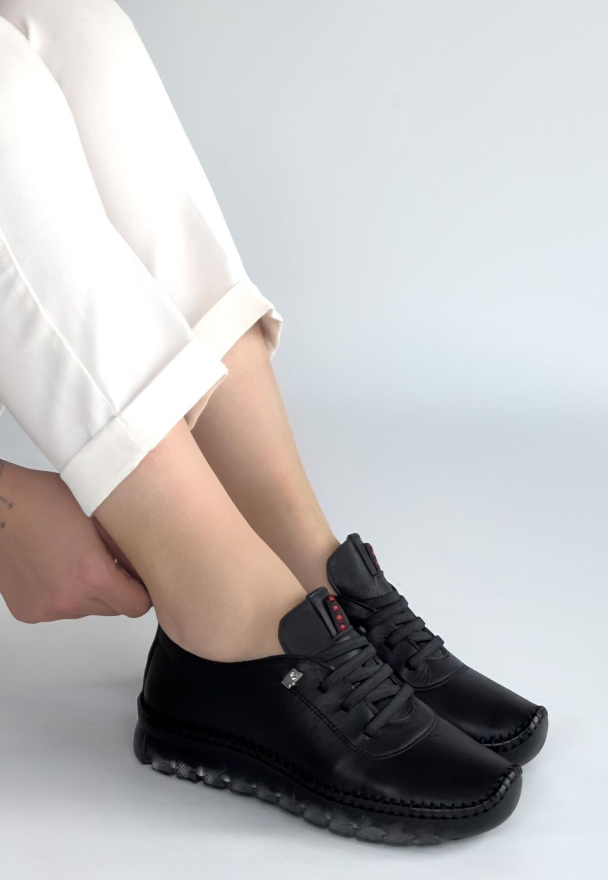 Jiten Siyah Deri Bağcıklı Spor QAyakkabı