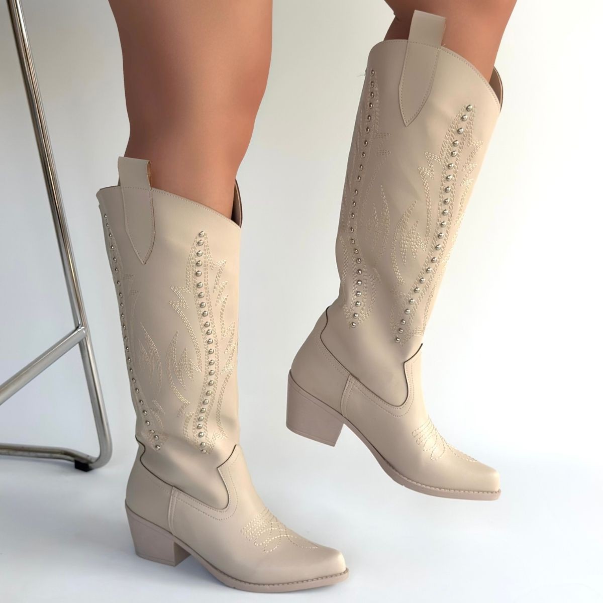 Meof Bej Cilt Topuklu Çizme