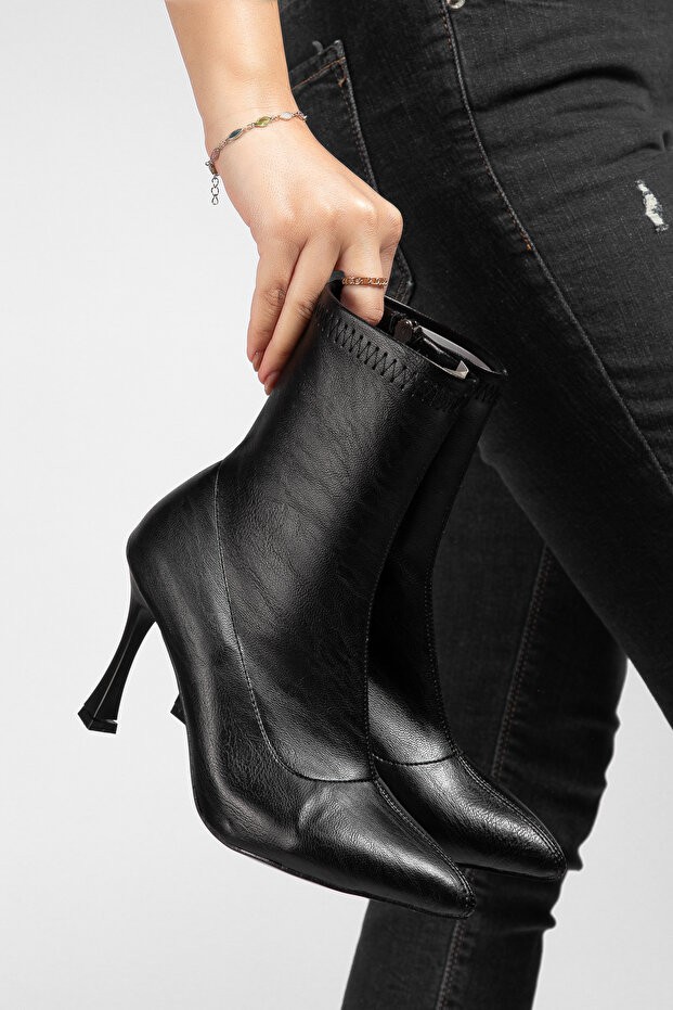 Orjen Siyah Cilt Streç Topuklu Bot