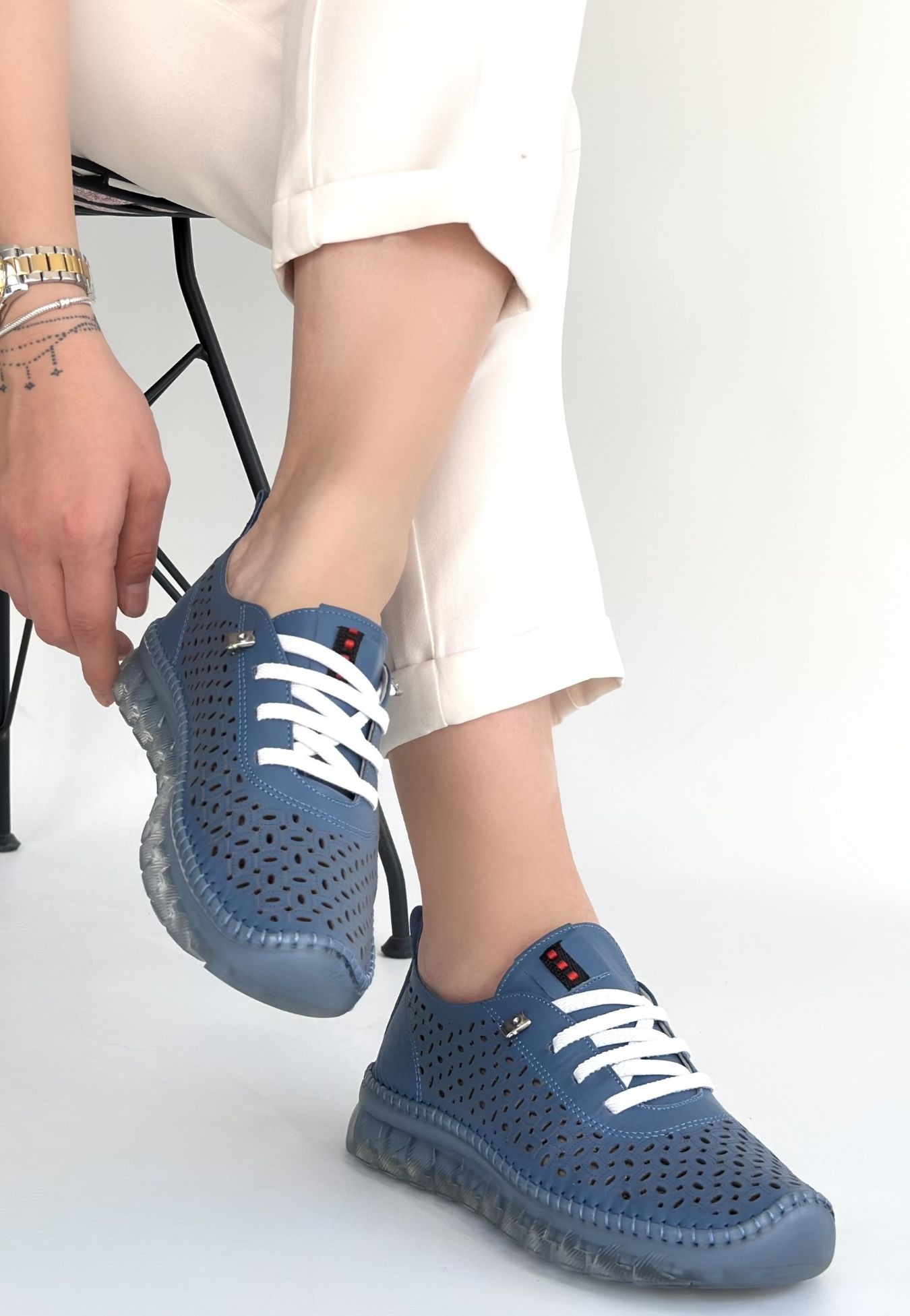 Otja Mavi Deri Lazerli Bağcıklı Spor Ayakkabı