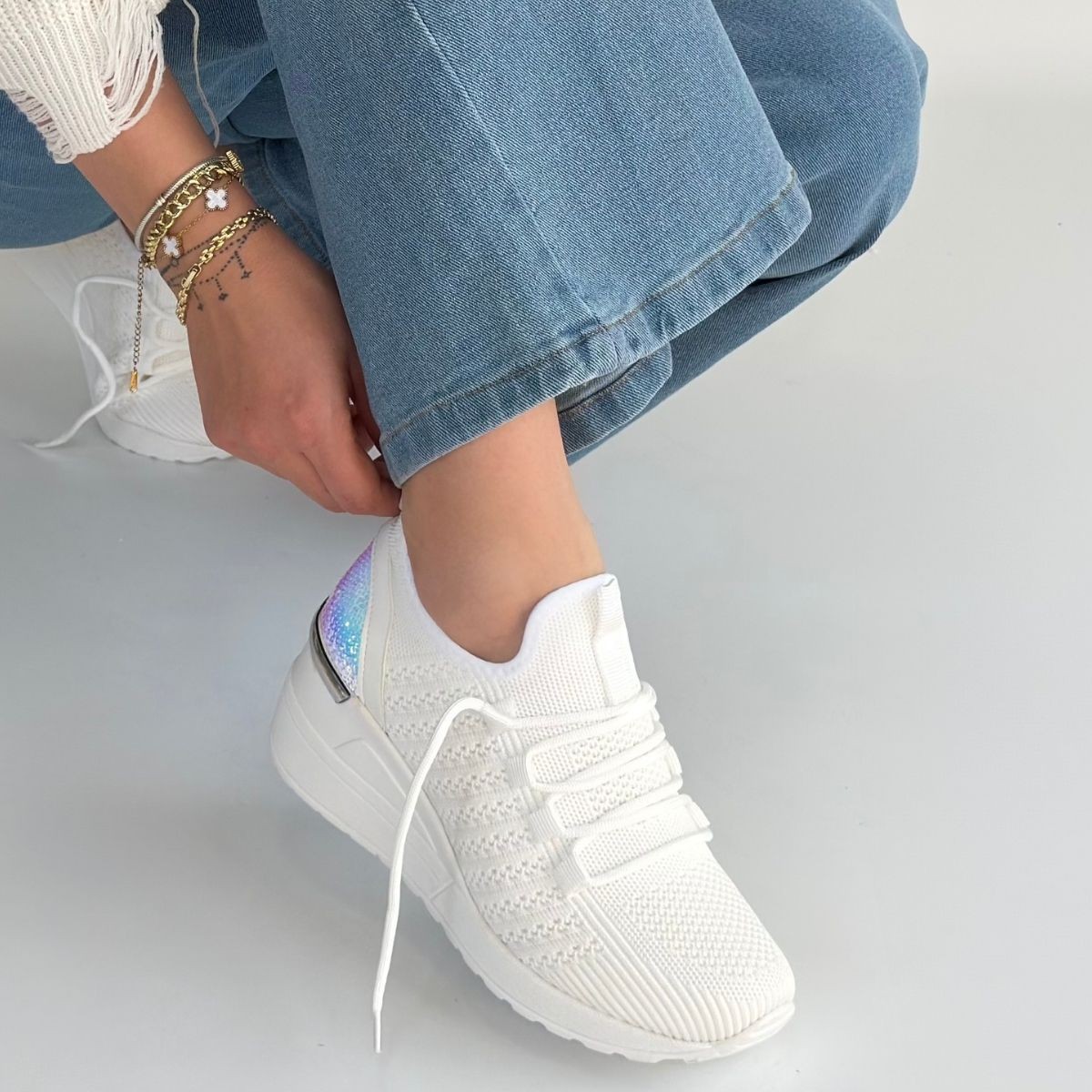 Weor Beyaz Triko Bağcıklı Spor Ayakkabı