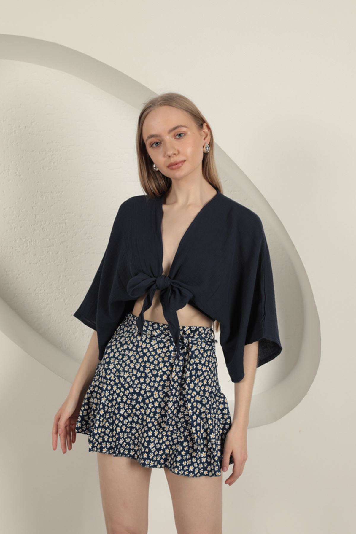 Bürümcük Daisy Pattern Shorts Skirt-Lacivert