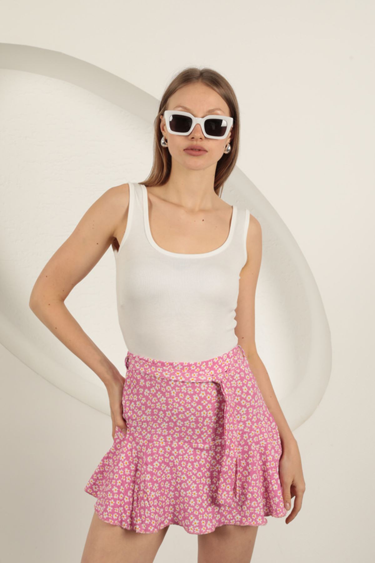 Bürümcük Daisy Pattern Shorts Skirt-Pink