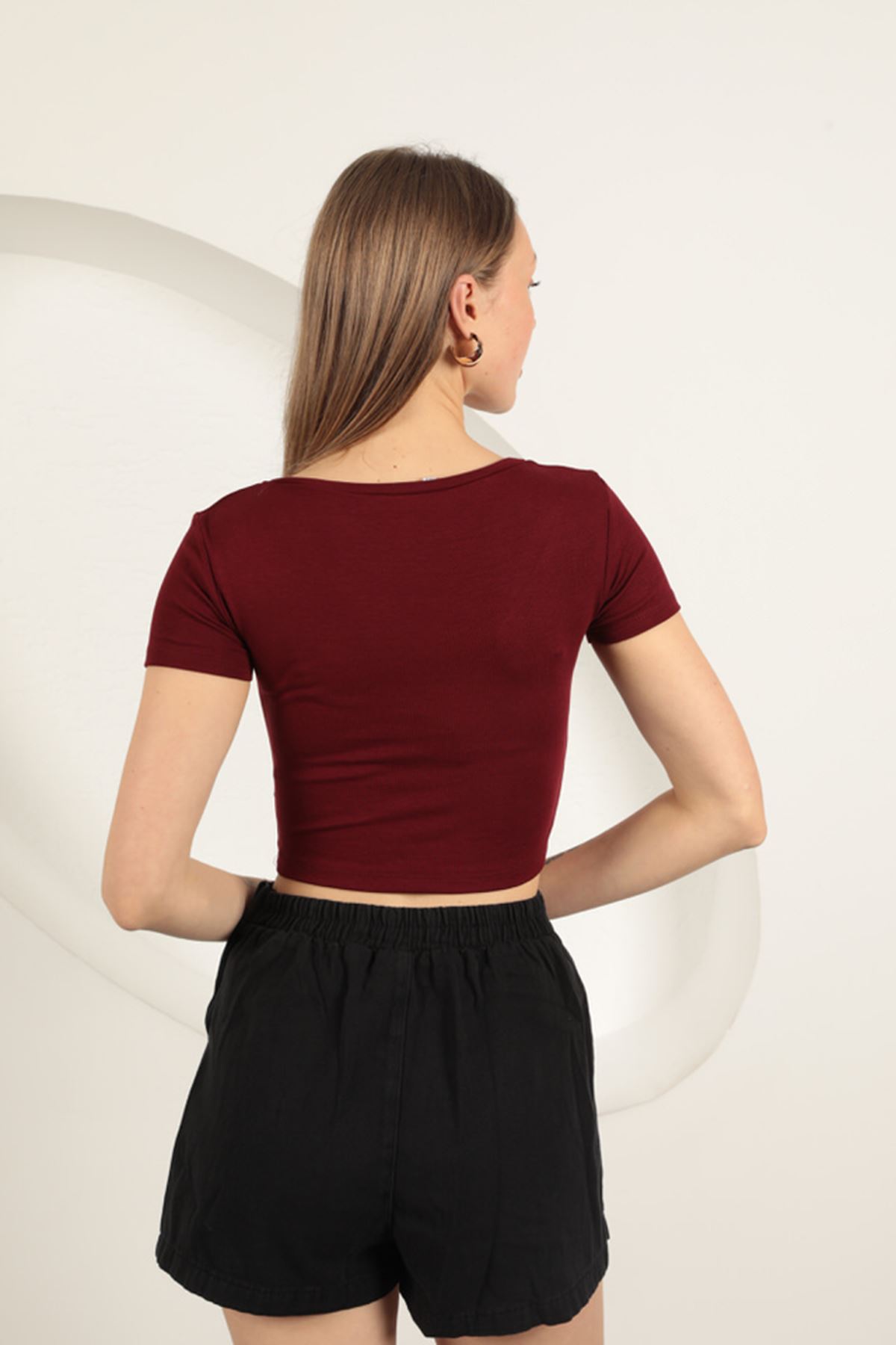 Çilek Viskon Kumaş V Yaka Basic Tişört-Bordo