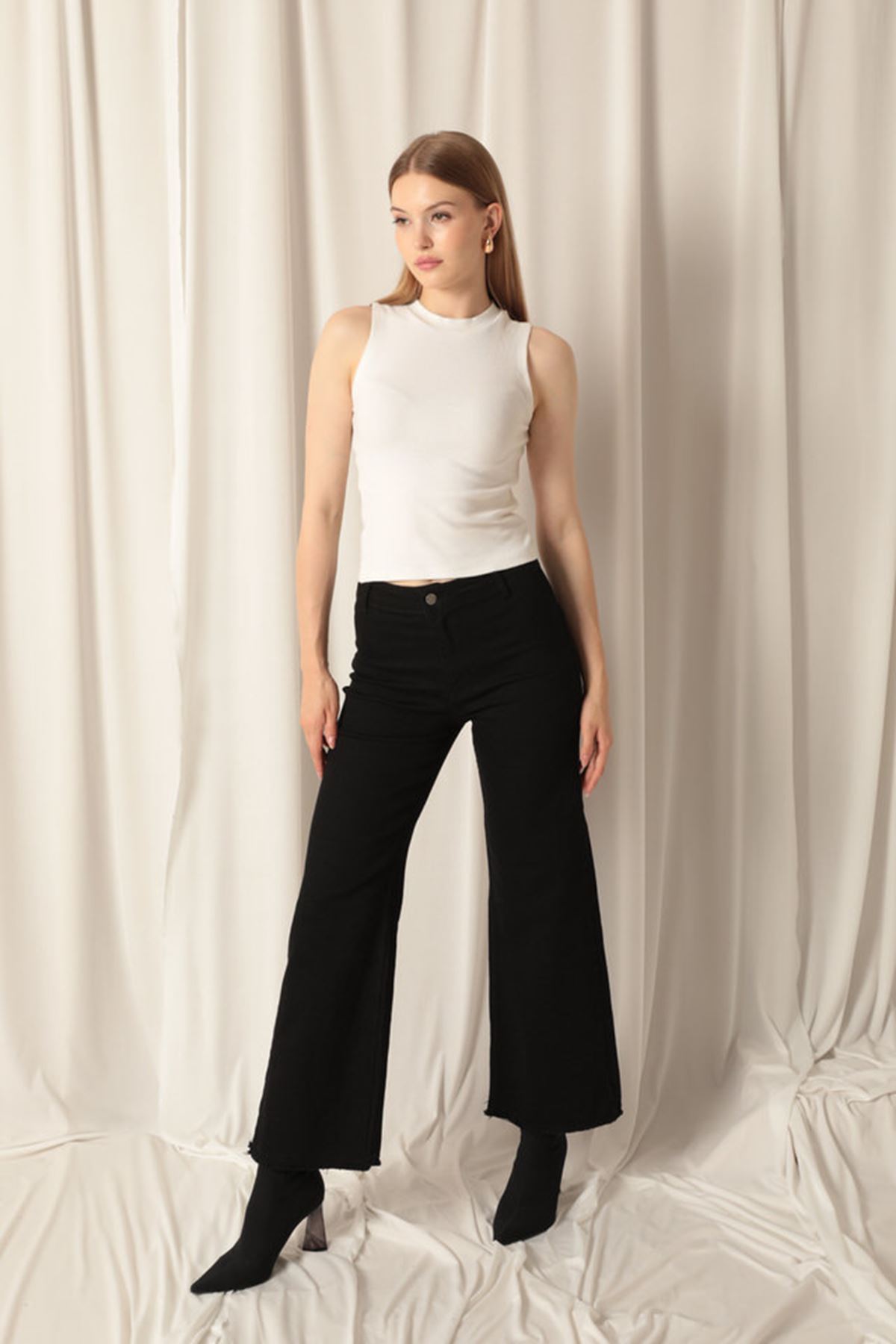 Denim Fabric Wide Leg Ratchet Tassel Salaş Women Black Jeans