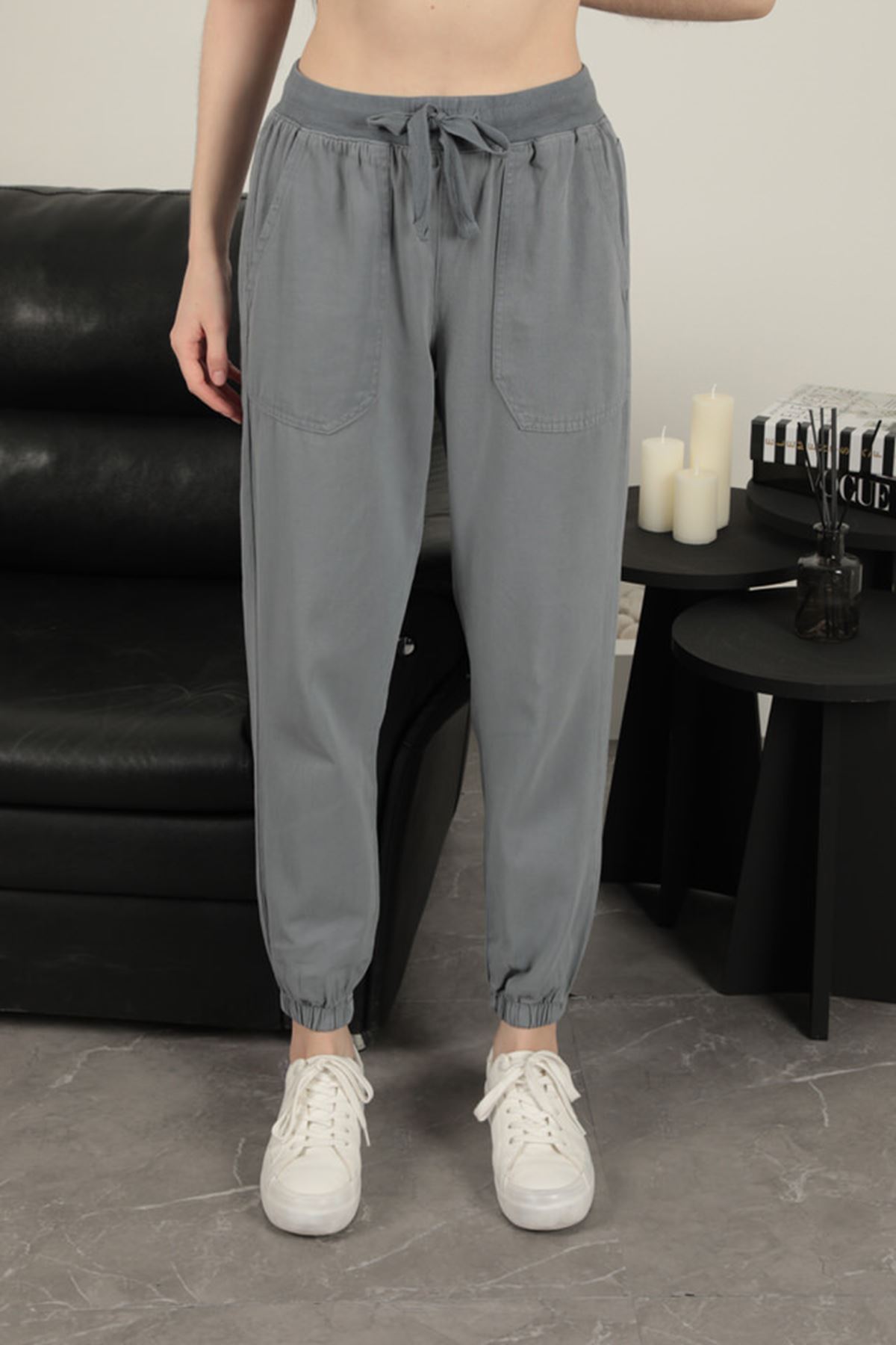 Gabardin Kumaş Paçası Lastikli Kadın Pantolon-Gri