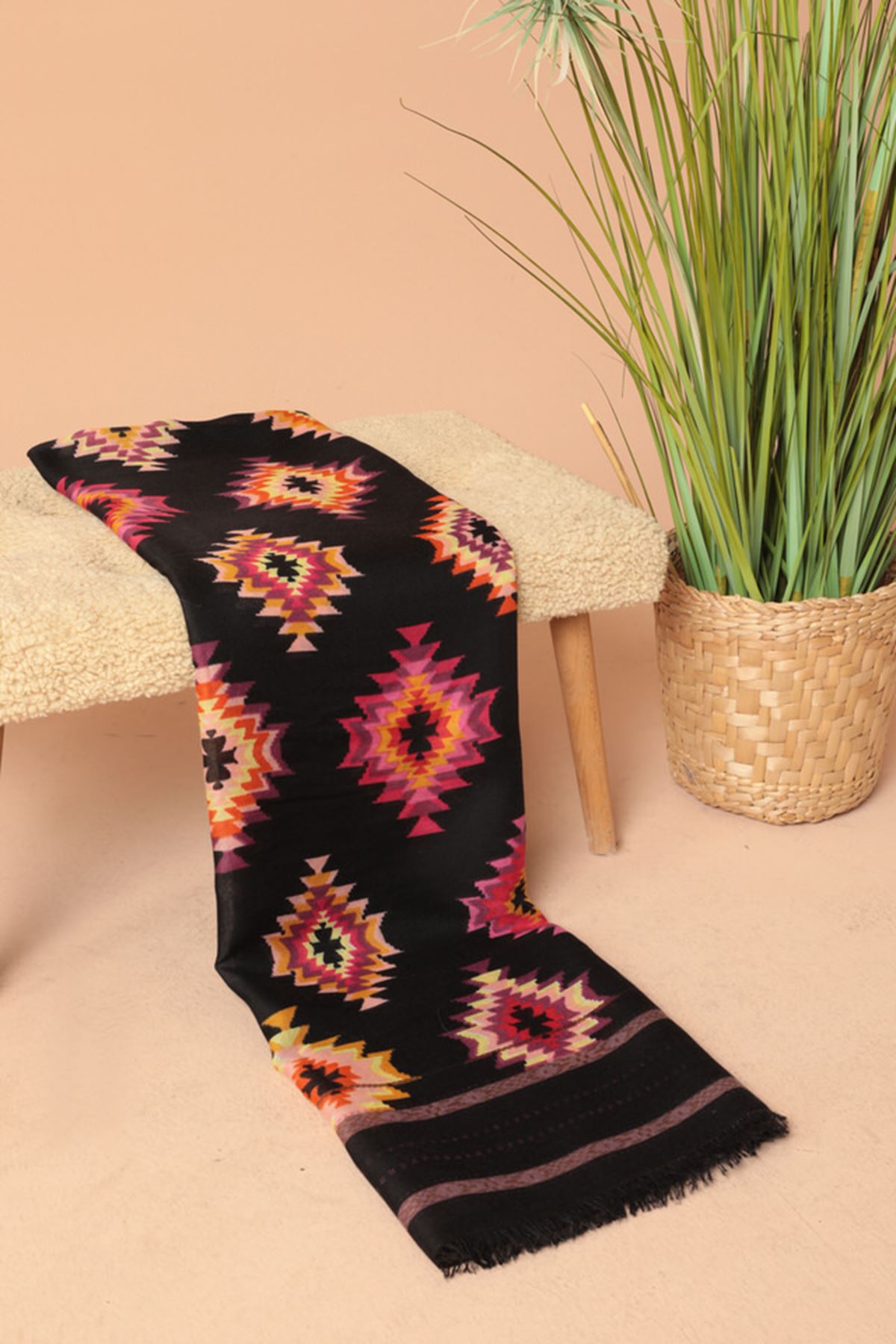 Square Patterned Women Black Shawl