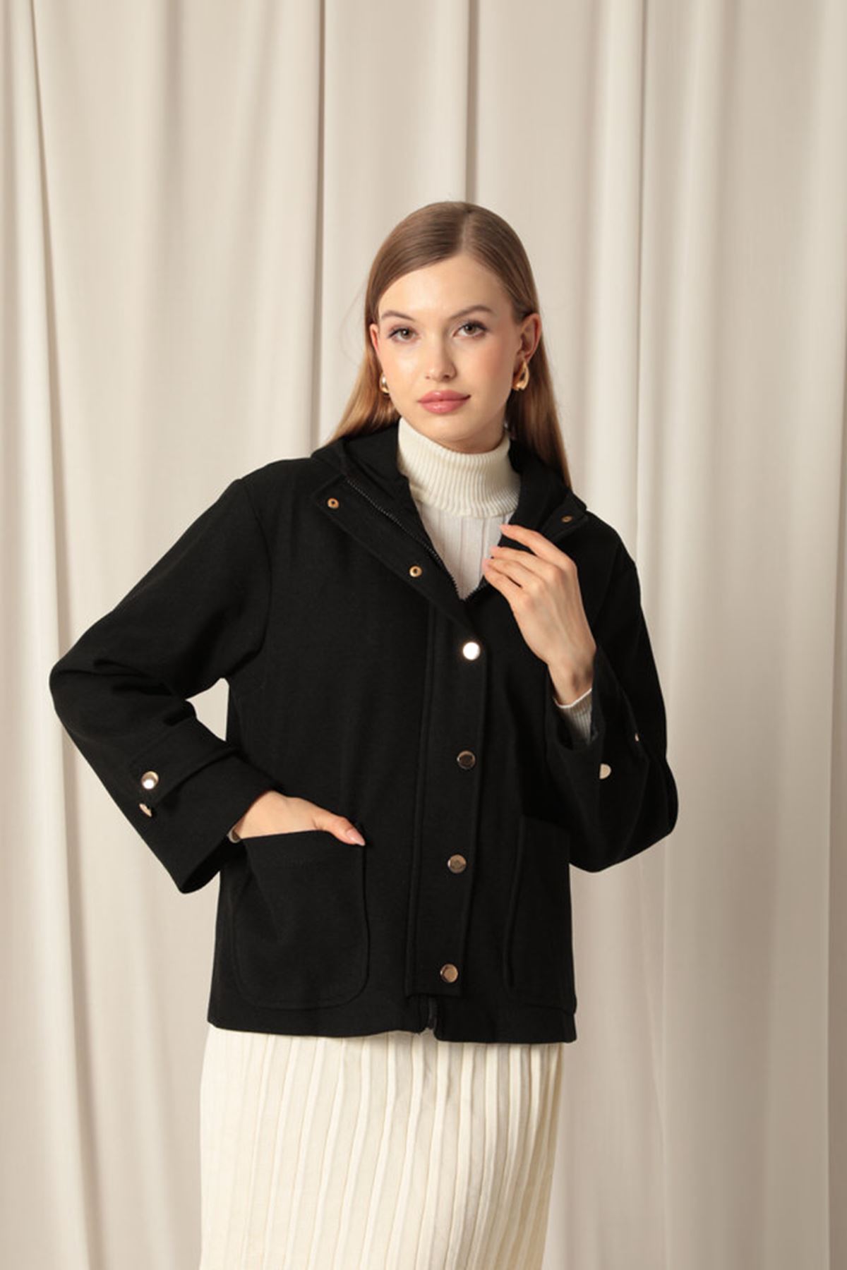 Eyebrow Fabric Hooded Short Women Black Coat