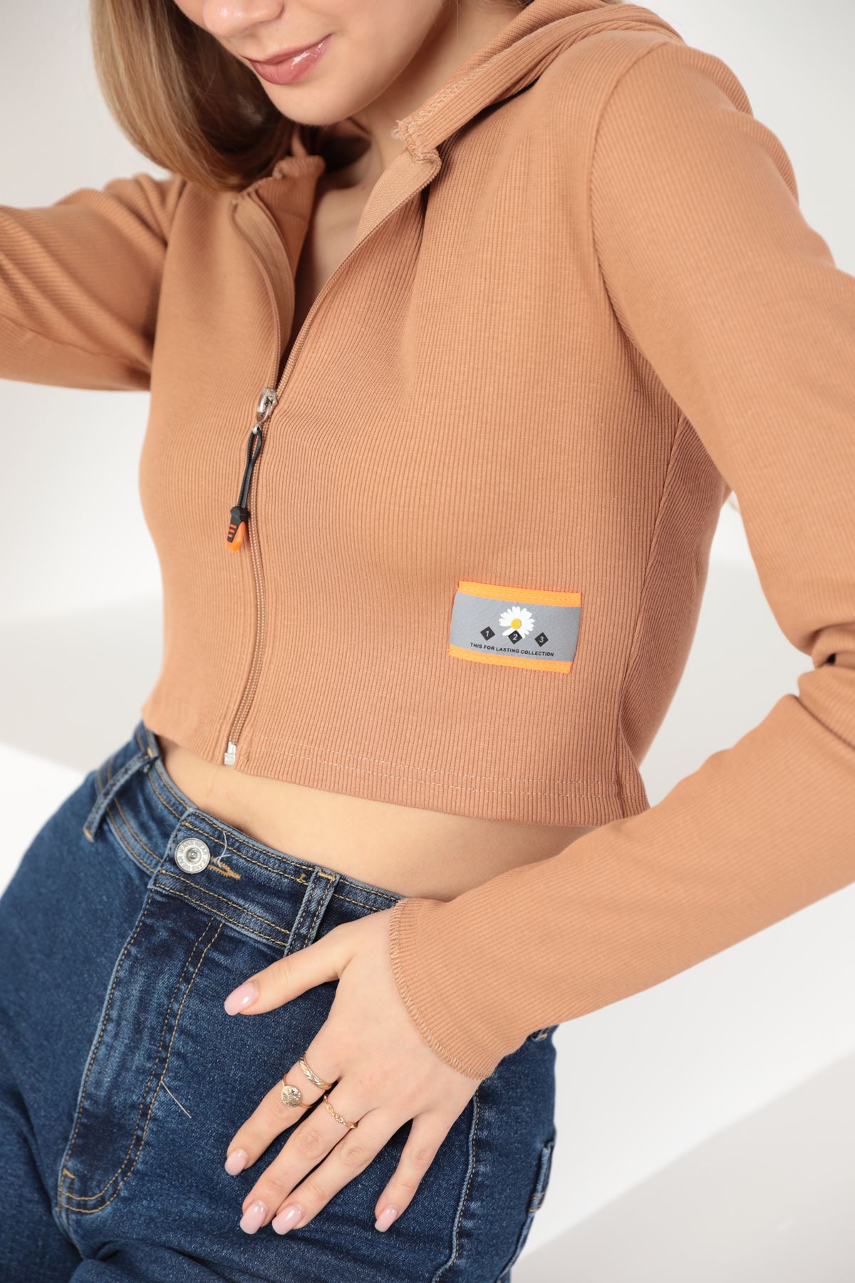 Kaskorse Fabric Crop Zipper Women Hırka-Brown