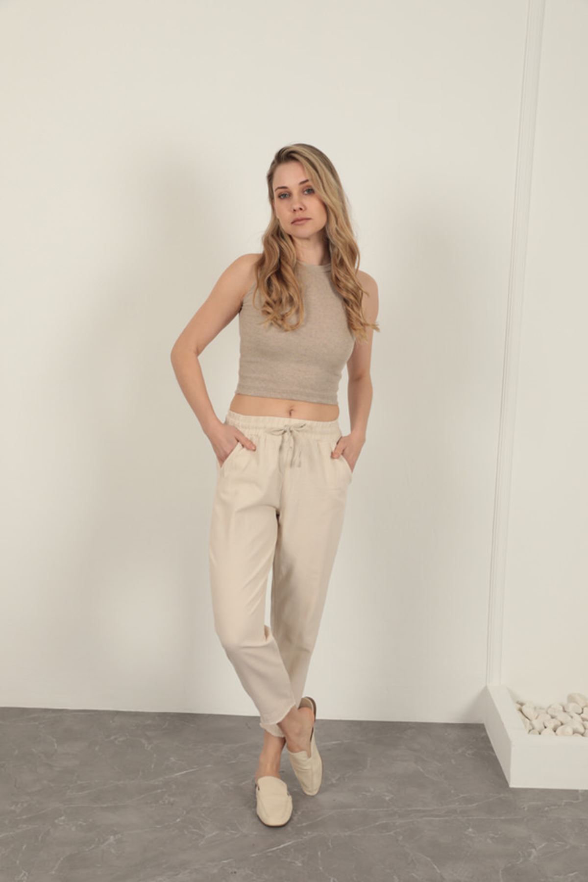 Linen Fabric Tassel Paça Women Pants-Stone