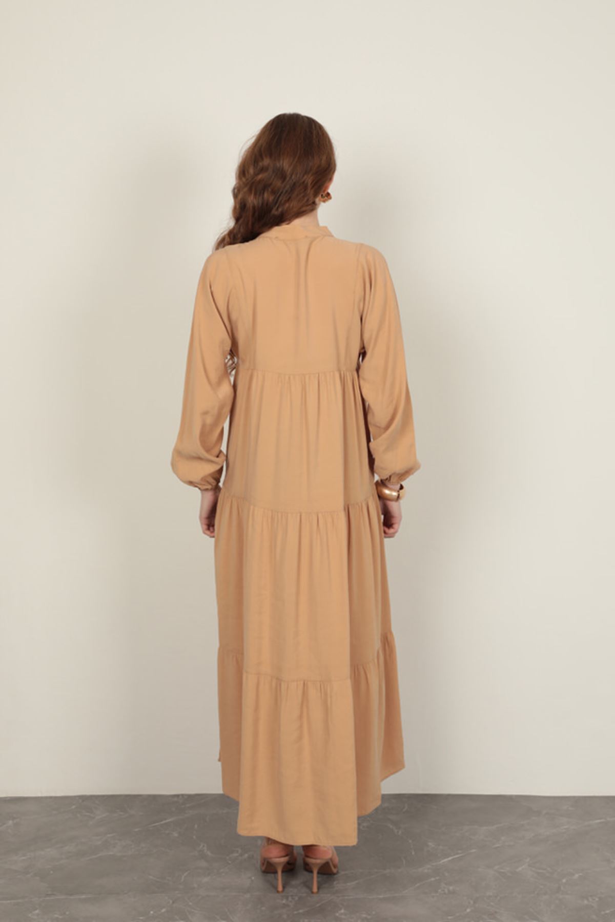 Modal Kumaş Kolu Lastikli Bej Elbise