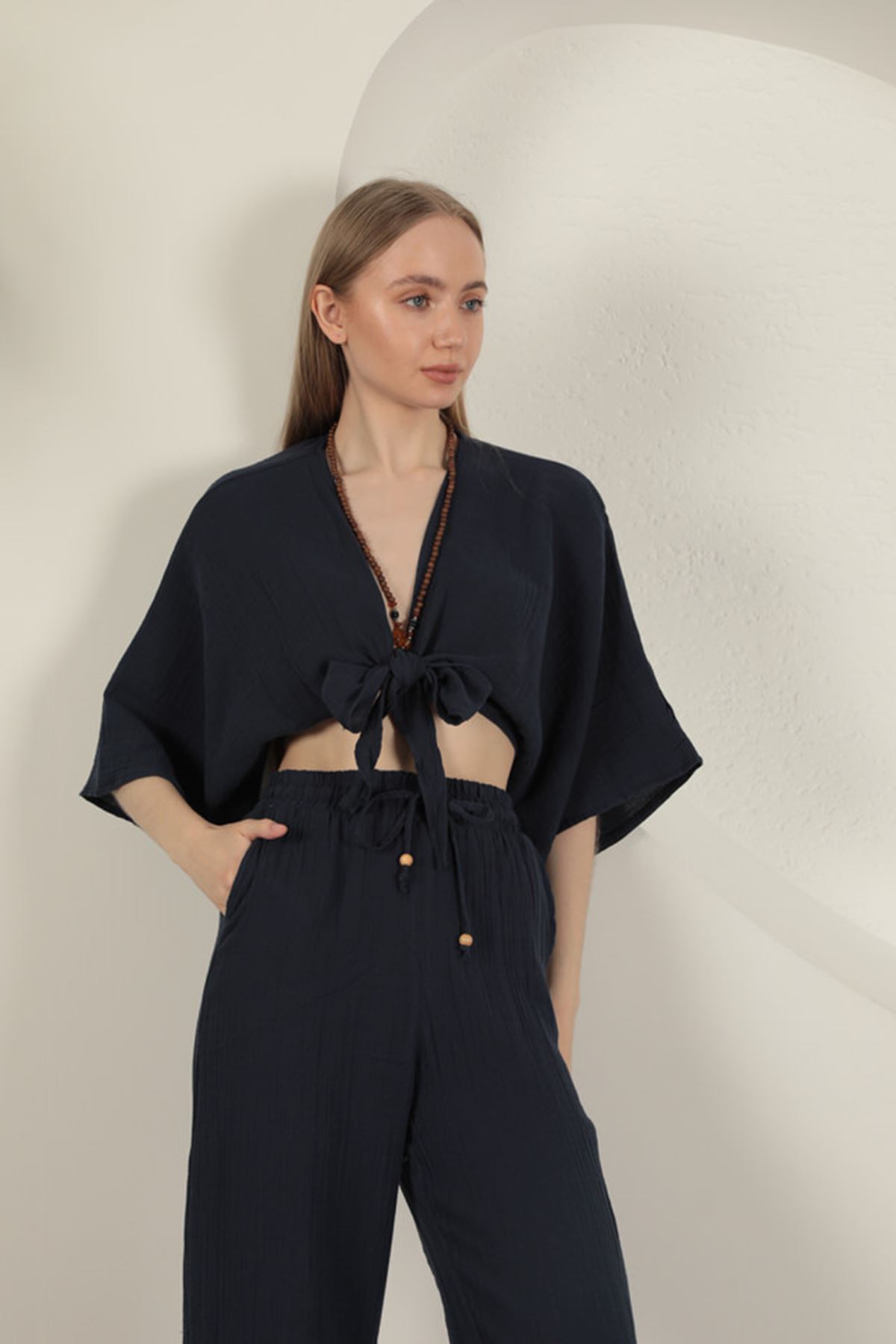 Muslin Fabric Kimono-Lacivert