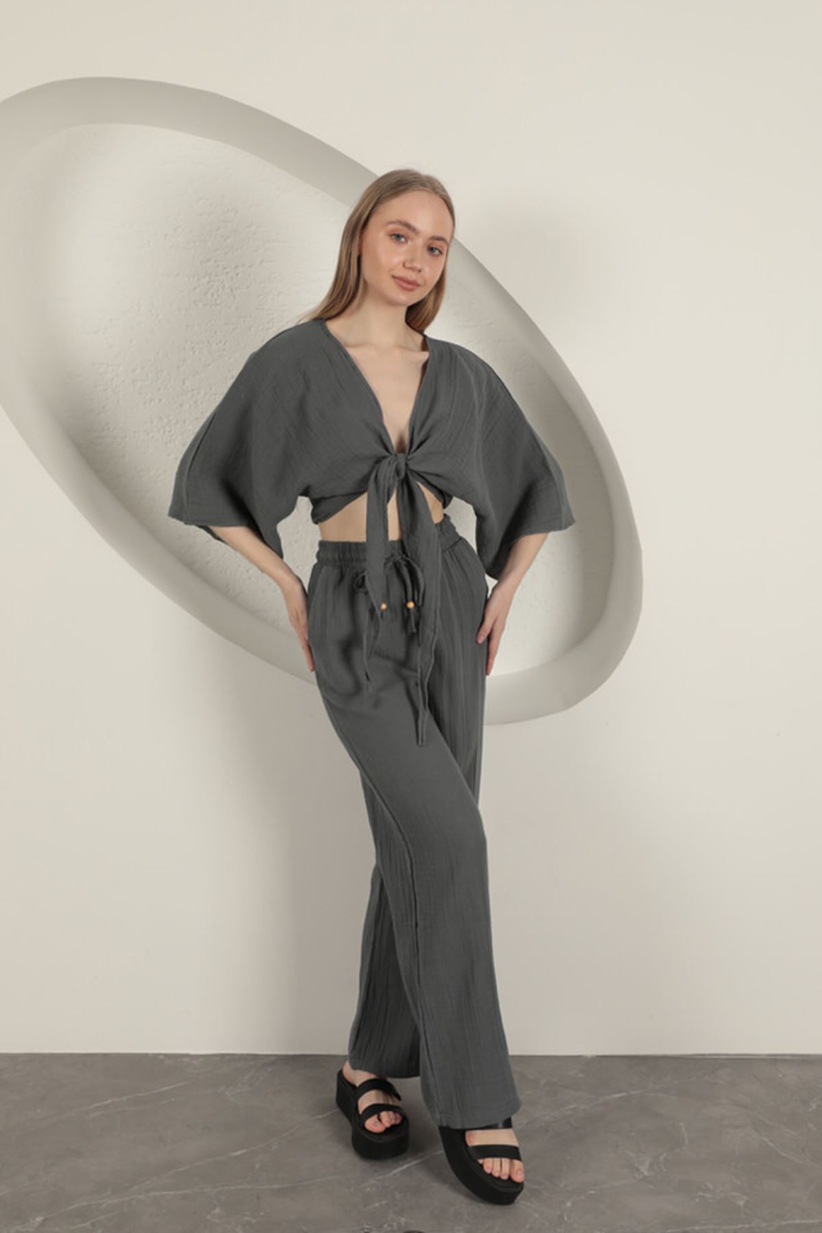 Muslin Fabric Bol Paça Women Pants-Antrasit