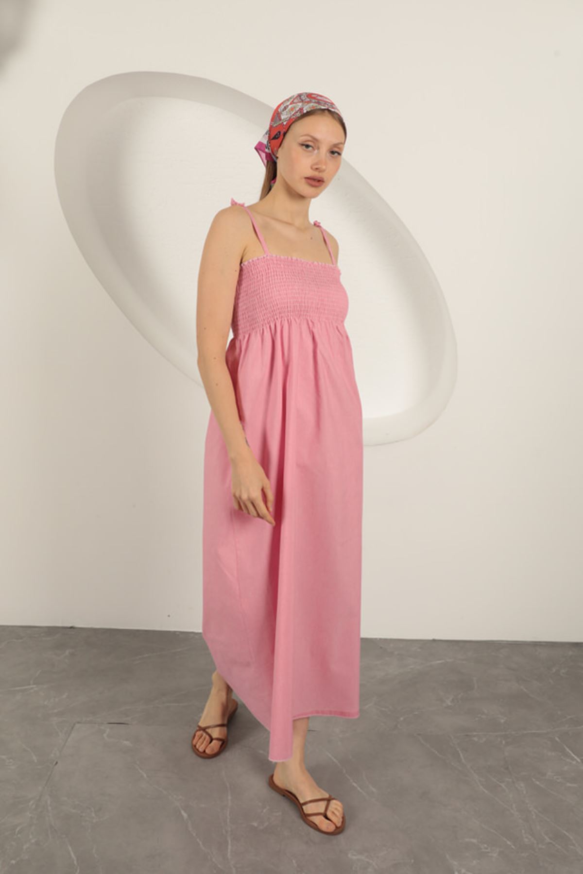 Örme Kumaş Gipeli Askılı Elbise-Pembe