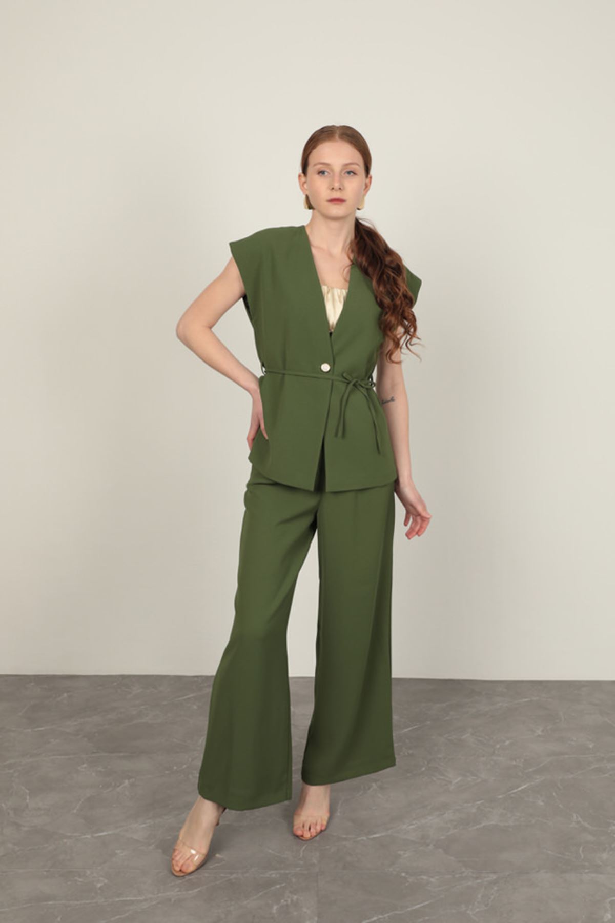 Polyviskon Fabric Women Vest-Haki