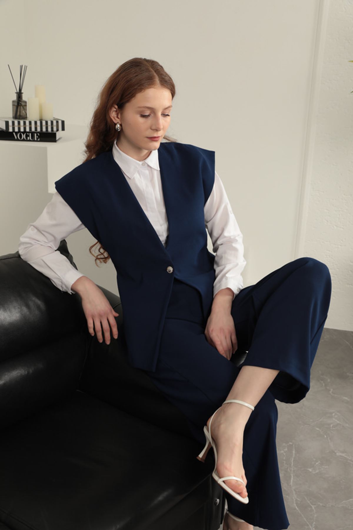 Polyviskon Fabric Women Vest-Lacivert