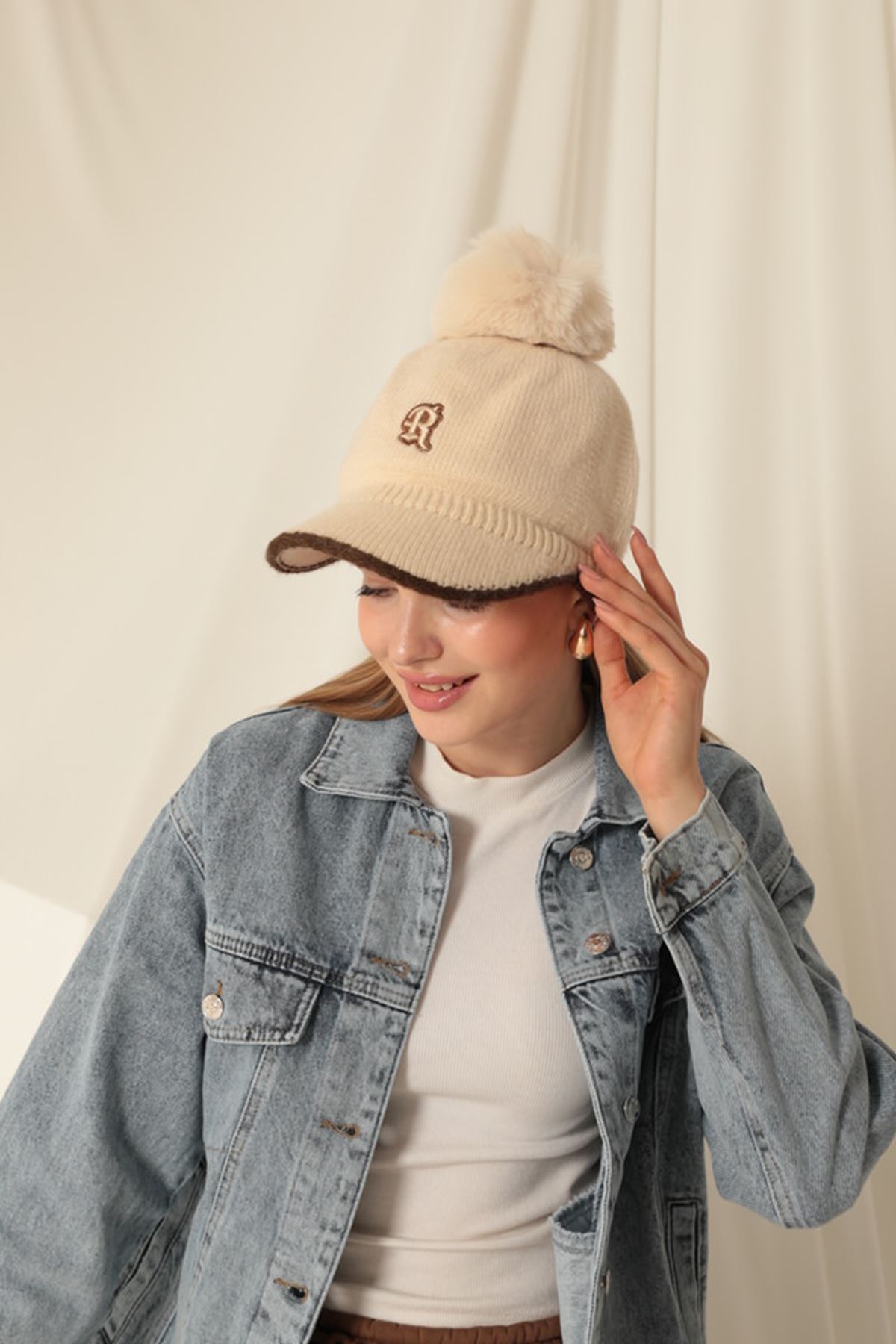 Women's Beige Coat With Ponpon
