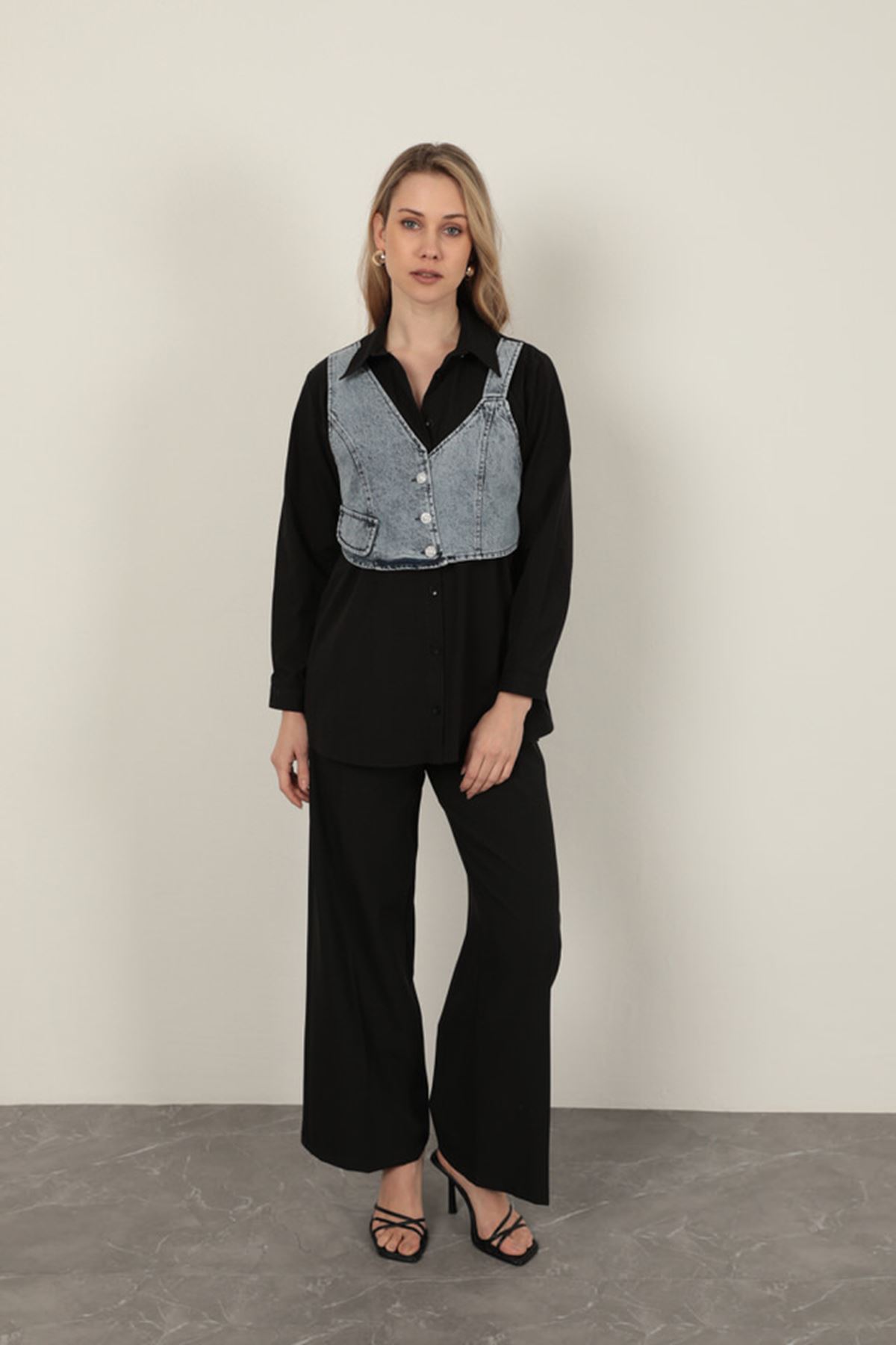 Poplin Fabric Vest Detailed Black Women Shirt