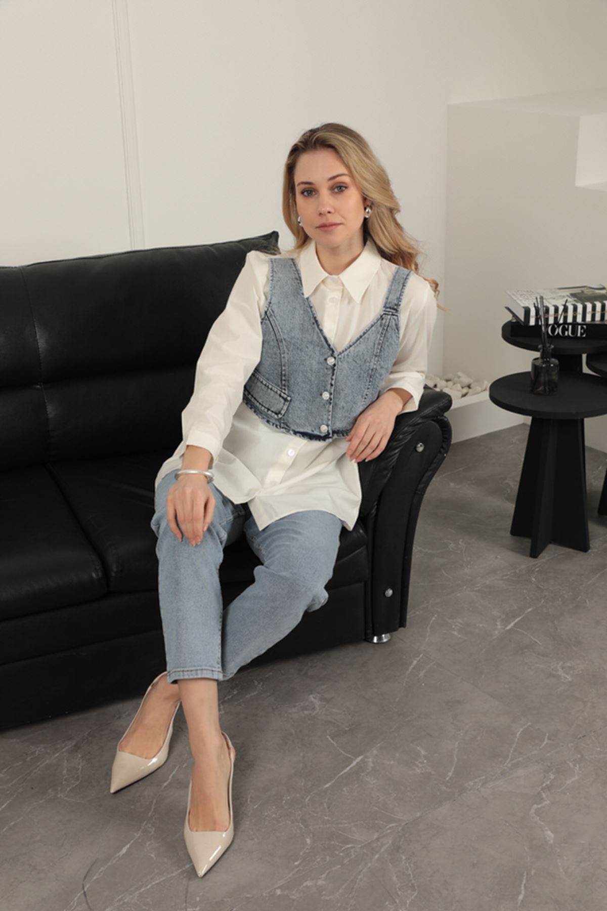 Poplin Fabric Vest Detailed Women Shirt