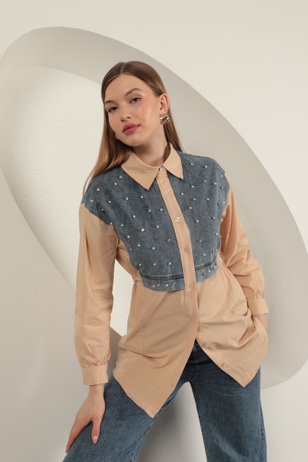 Poplin Fabric Front Pearl Detailed Beige Women Shirt