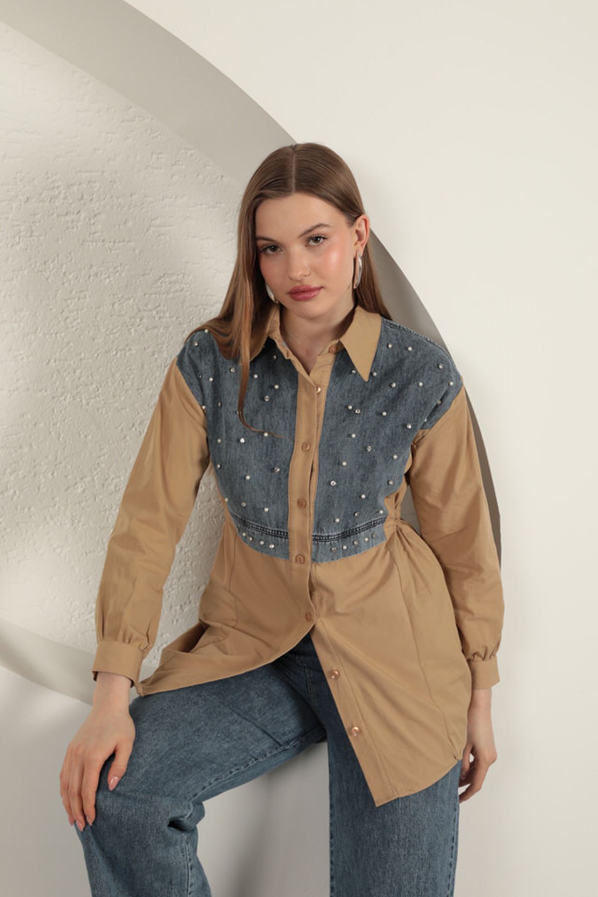 Poplin Fabric Front Pearl Detailed Taba Women Shirt
