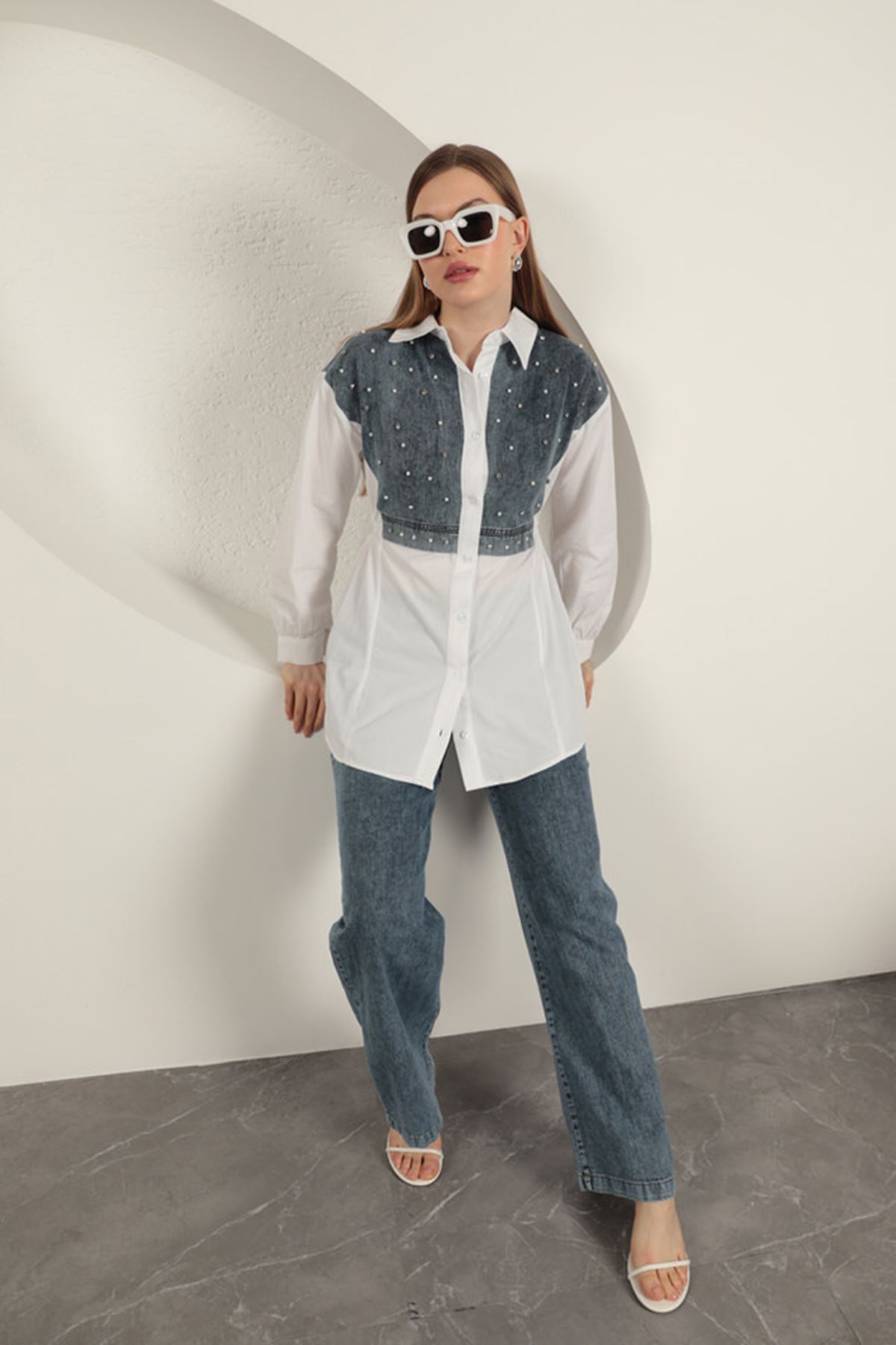 Poplin Fabric Front Pearl Detailed White Women Shirt