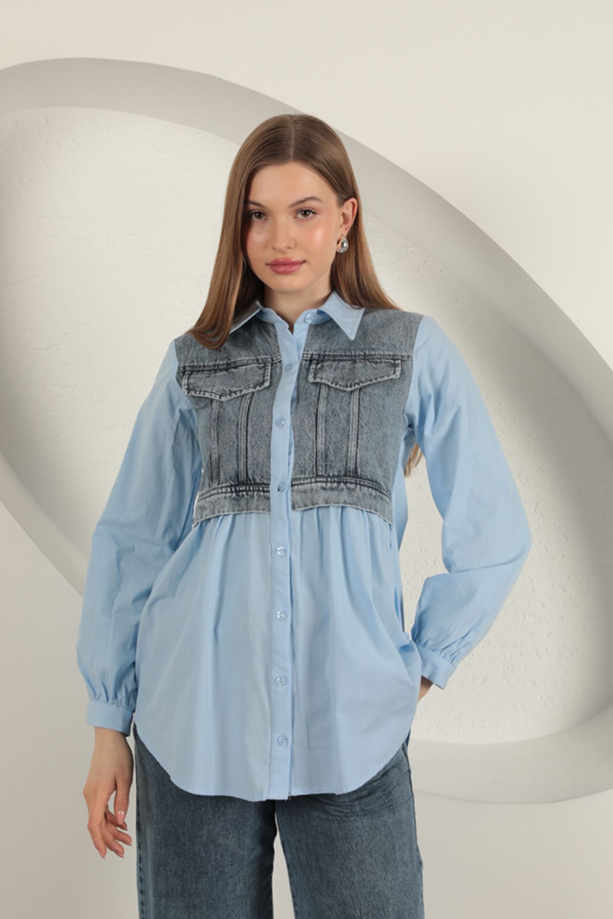 Poplin Fabric Jeans Garnili Blue Women Shirt