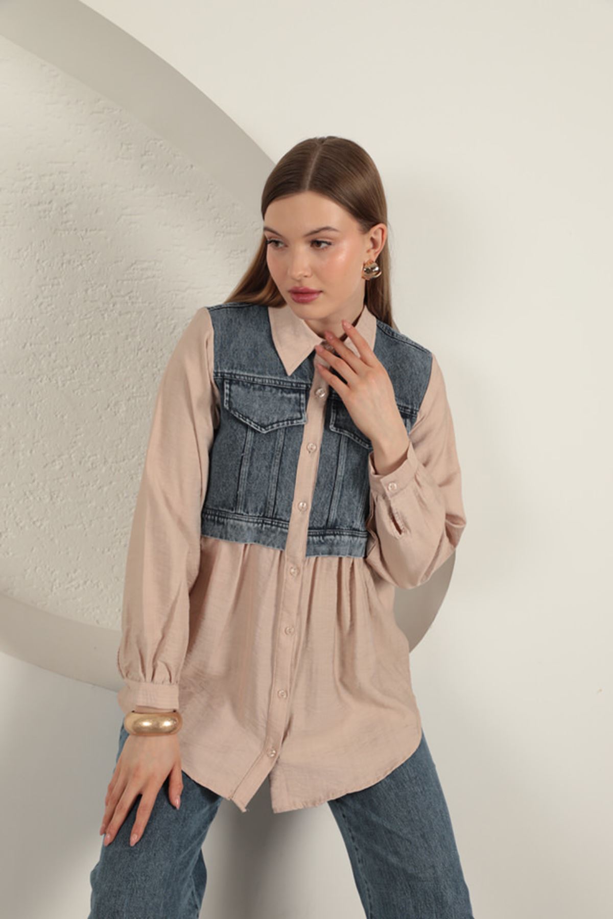 Poplin Fabric Jeans Garnili Beige Women Shirt