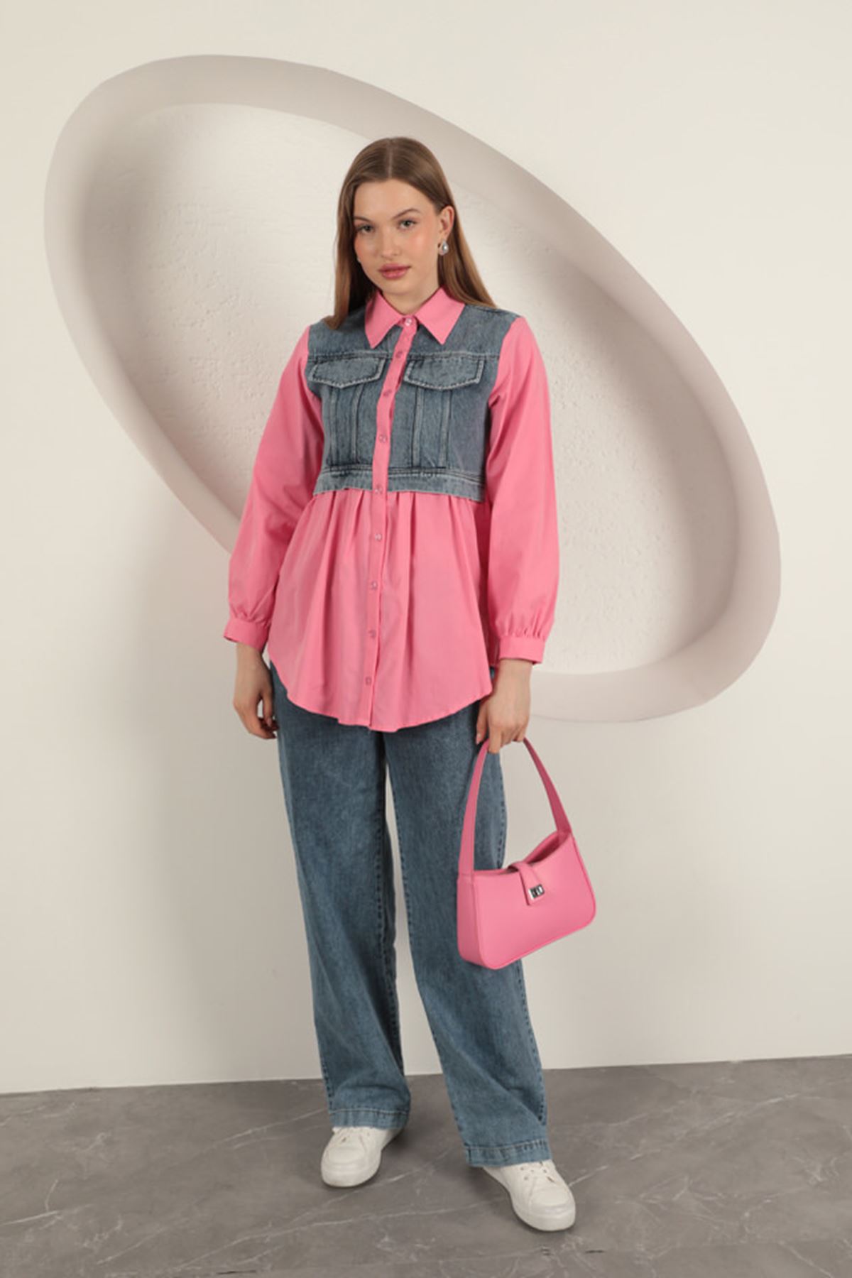 Poplin Fabric Jeans Garnili Pink Women Shirt