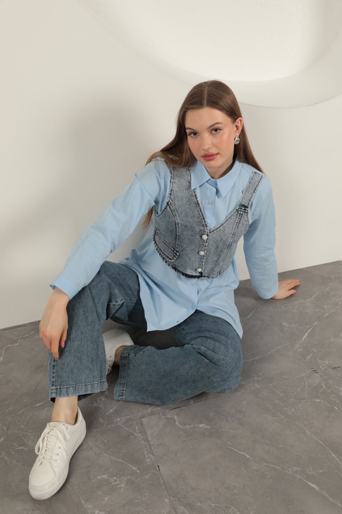 Poplin Fabric Vest Detailed Blue Women Shirt