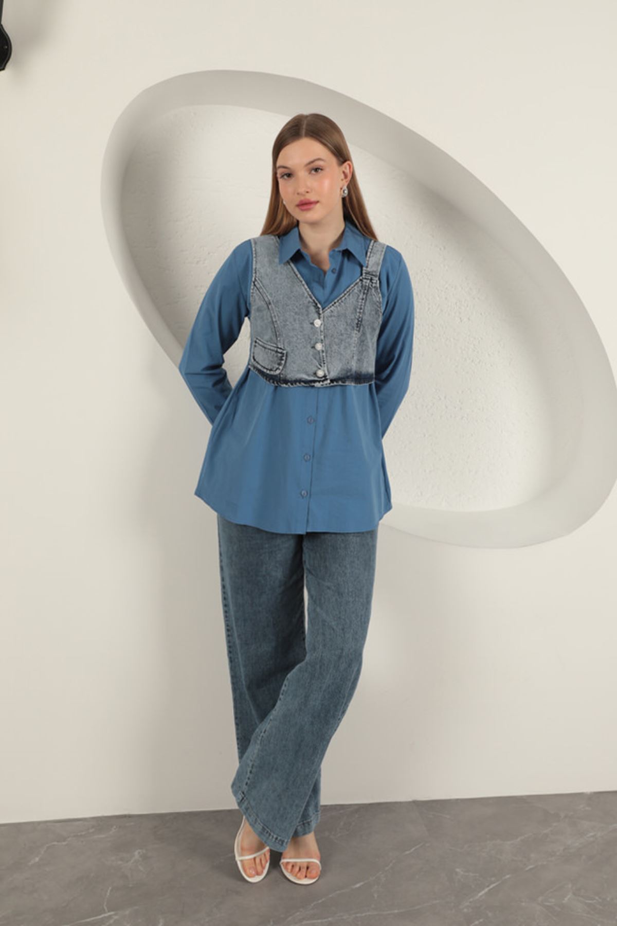 Poplin Fabric Vest Detailed Indigo Women Shirt