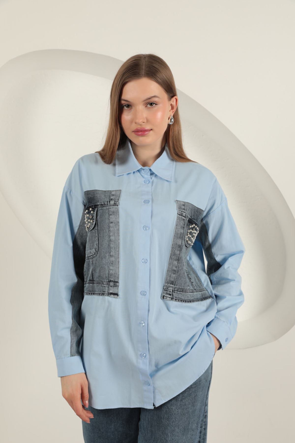 Poplin Fabric Jeans Garnili Blue Women Shirt