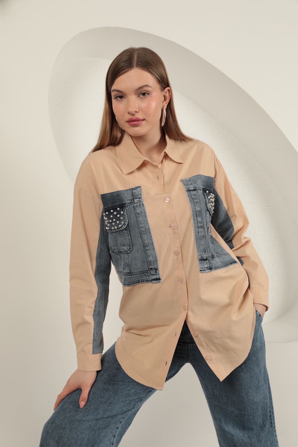 Poplin Fabric Jeans Garnili Beige Women Shirt