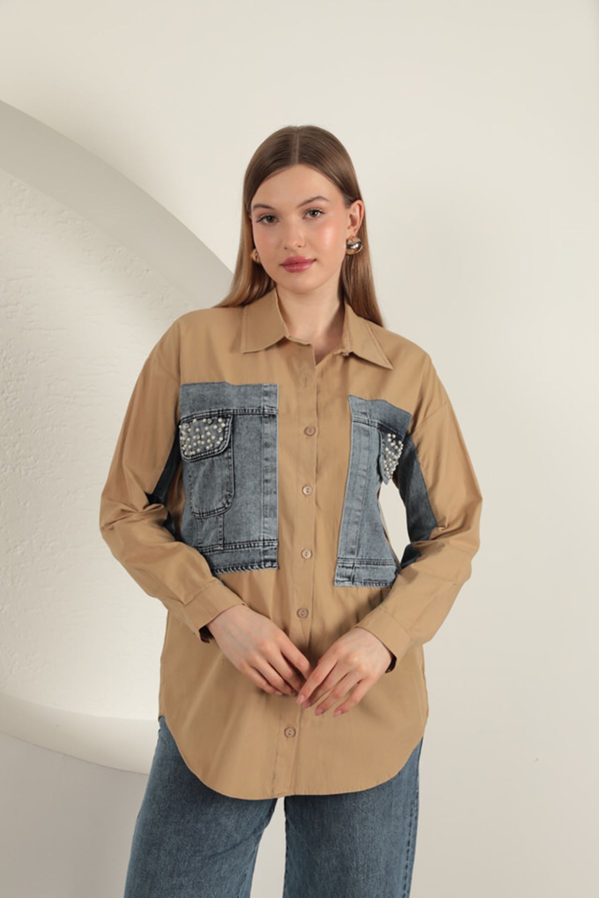 Poplin Fabric Jeans Garnied Women Shirt-Taba