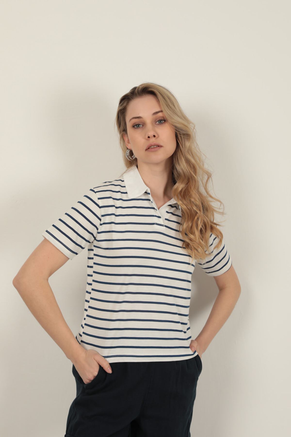 Suprem Fabric Stripe Women T-shirt-Lacivert