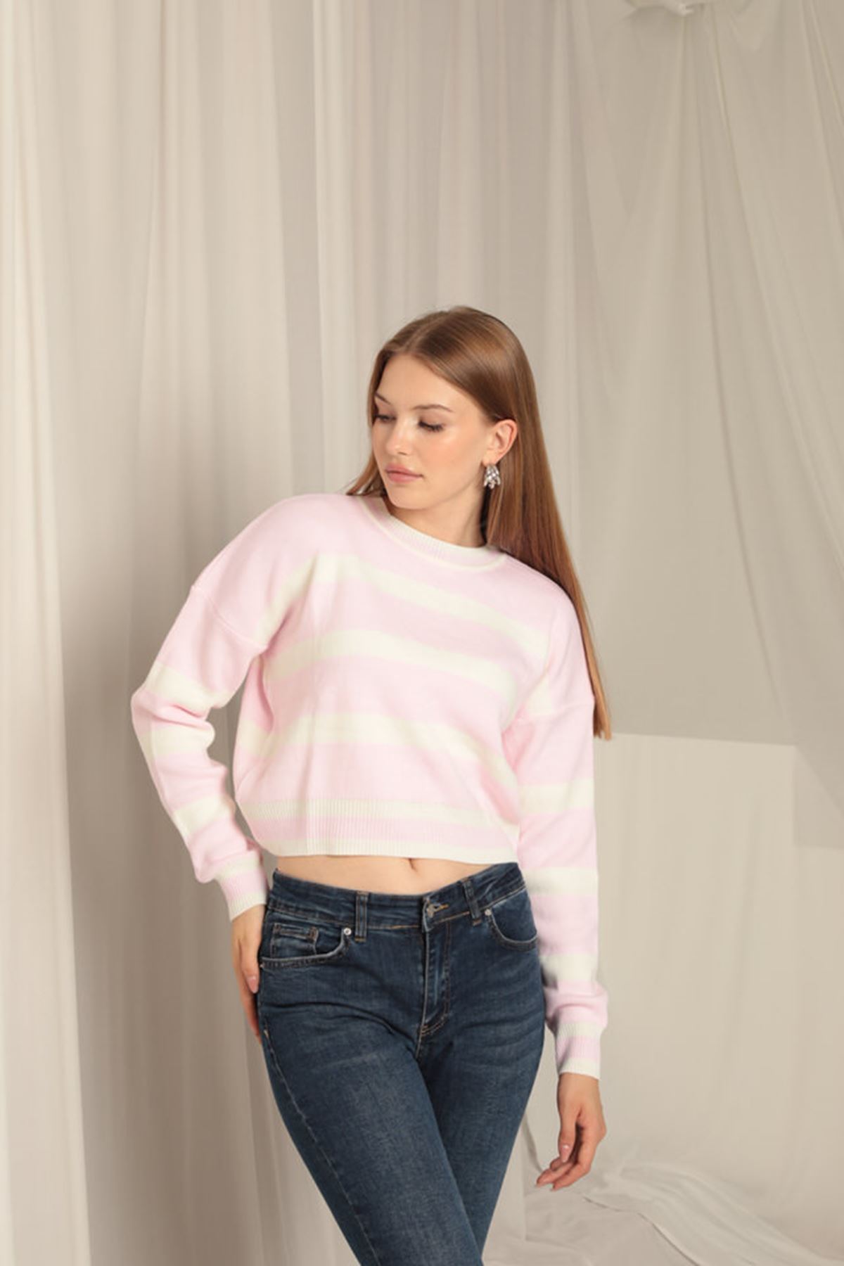 Knit Fabric Stripe Women Pink Sweater